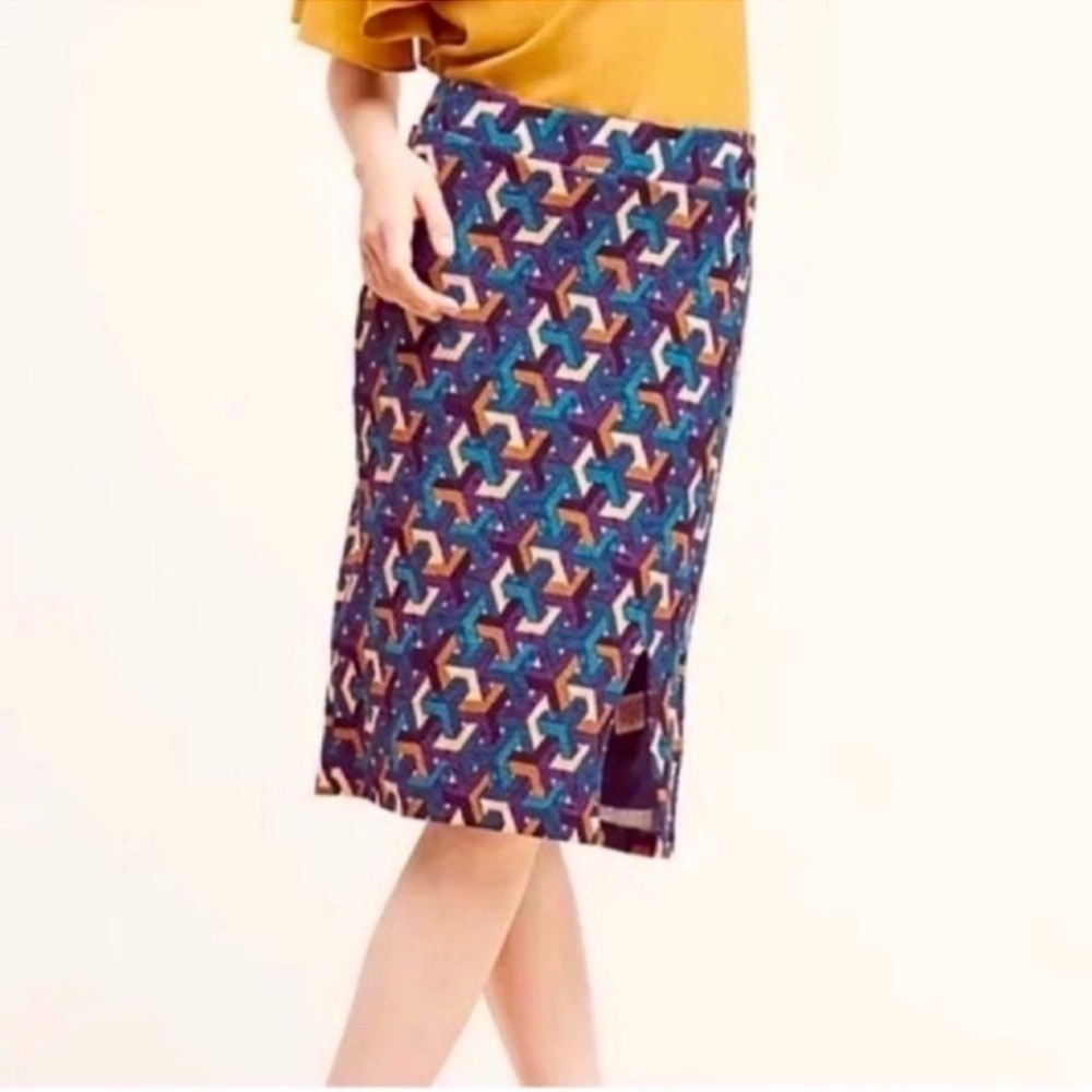 Anthro Maeve Geometrique Midi Pencil Skirt w/slit blue & gold sz medium